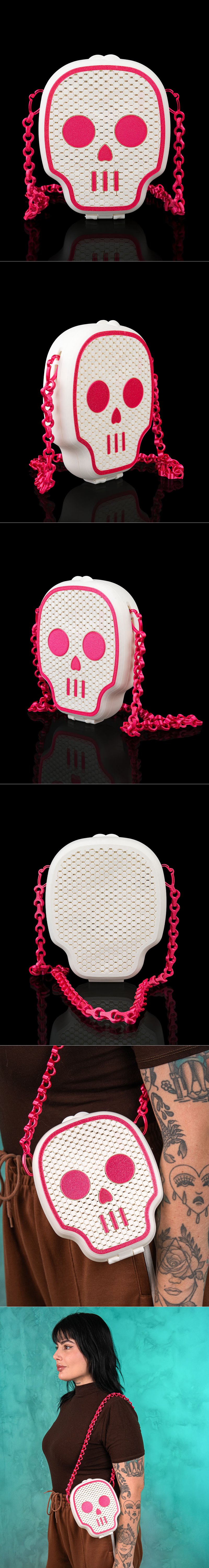White skull-shaped bag with pink accents and a pink chain strap, featuring a woven texture and the text "deadly...