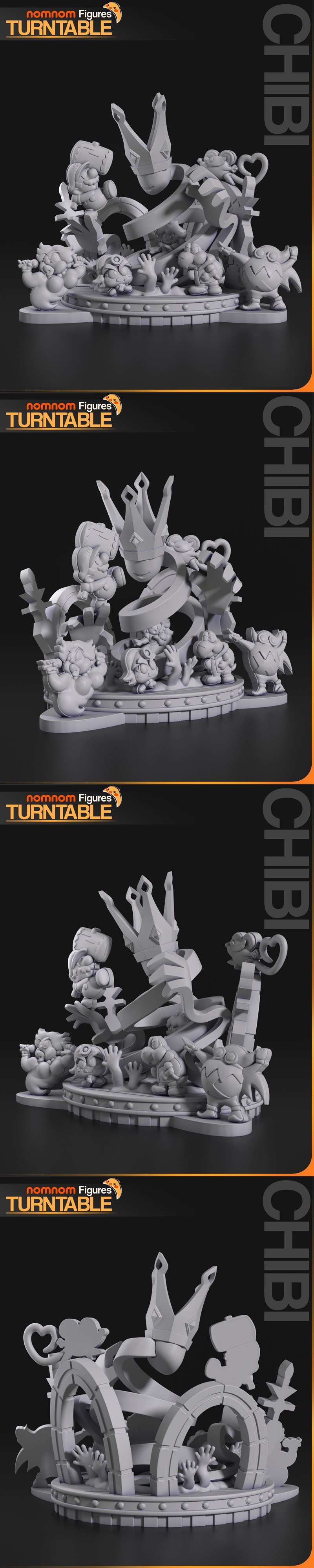 Chibi Paper Mario diorama with Mario, Peach, Goomba, and other characters on a stage, designed by Nomnom Figures.