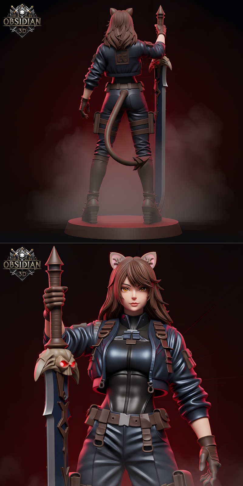3D model of a female cat warrior girl holding a large sword, wearing a leather jacket and tactical pants.