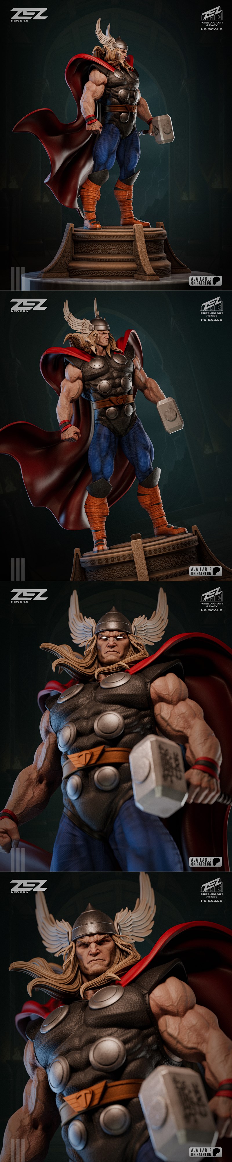 ZEZ Studios 3D model of Thor, wearing a winged helmet and red cape, holding Mjolnir, with a determined expression.
