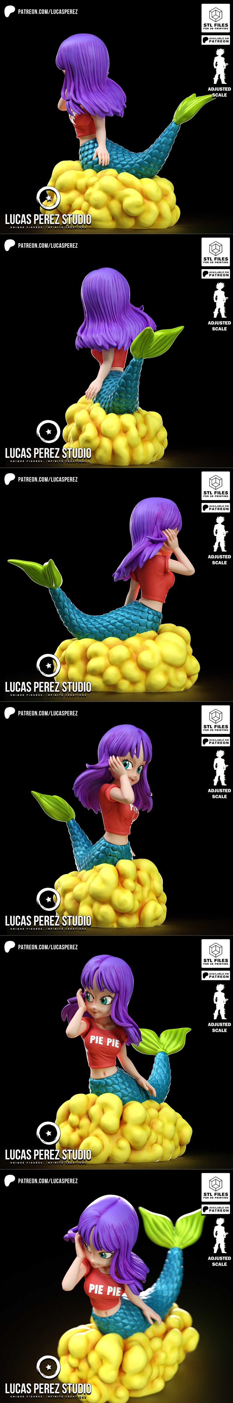 Chibi mermaid figure of Launch from Dragon Ball, with purple hair, red 'PIE PIE' shirt, blue-green tail, and yellow c...
