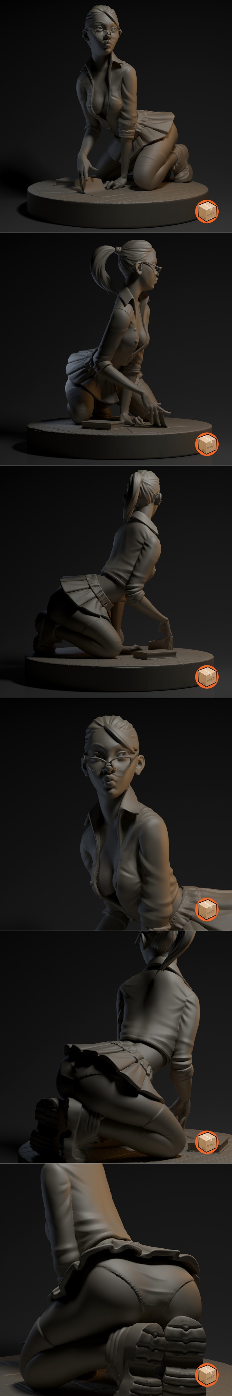 Stylized female figure 'Jill' kneeling on a base, wearing glasses, a low-cut white shirt, red skirt, and thigh-high s...
