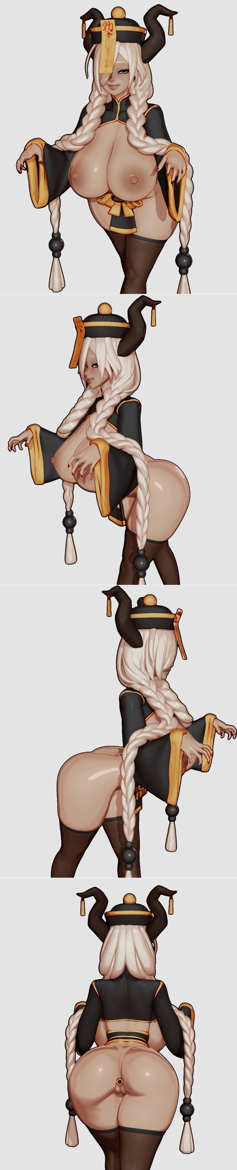 Female Jiangshi Owari character with black and gold traditional Chinese attire, large horns, long blonde braids, and...