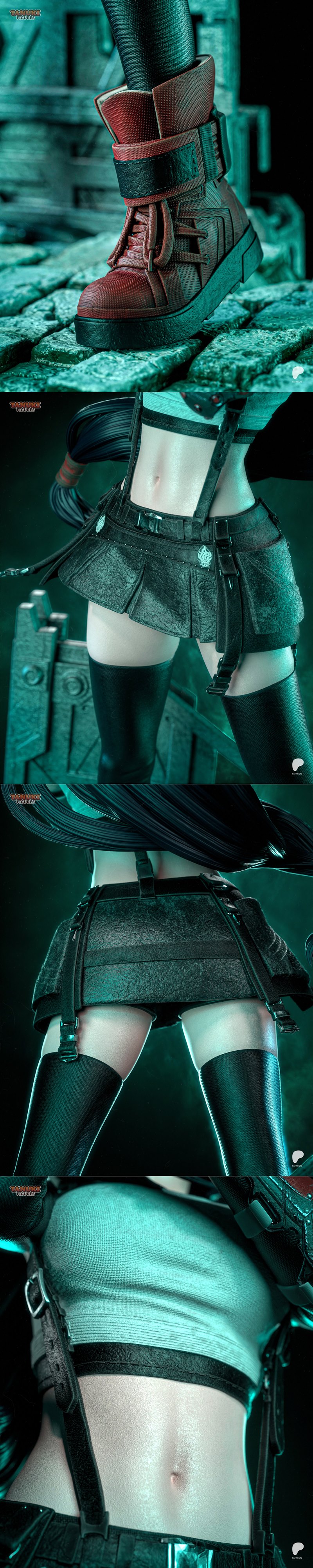 Tifa Lockhart 3D model figure by Tanuki Figures, standing on a stone base with a flower, wearing a crop top, short sk...