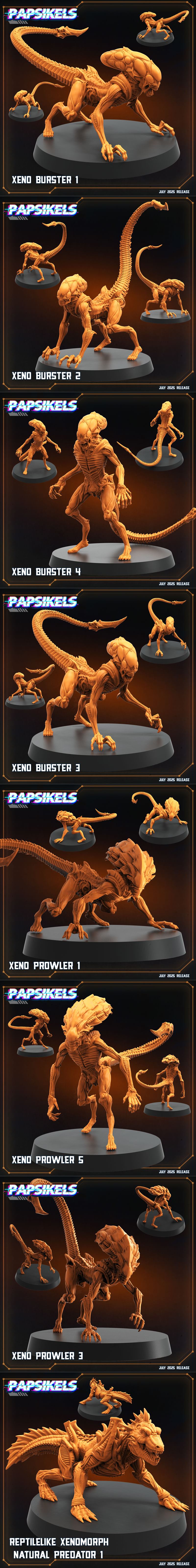 Collection of 3D printable miniatures featuring alien xenomorphs and human soldiers in sci-fi armor, with "Alien...