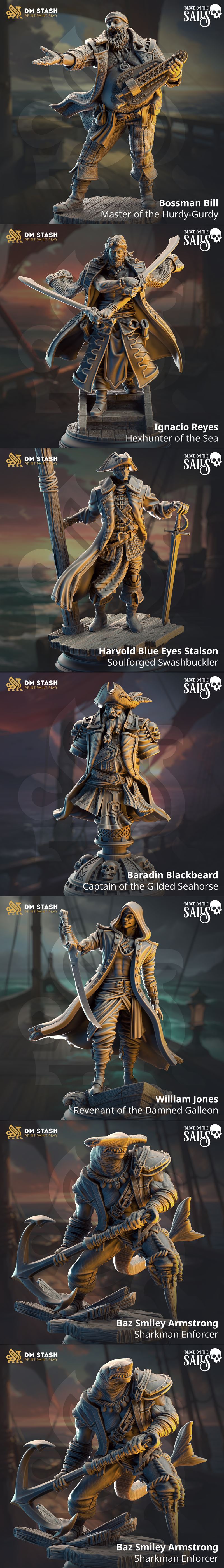 A group of pirate miniatures with swords and armor, led by a man with a beard and ornate coat, stand before a large,...