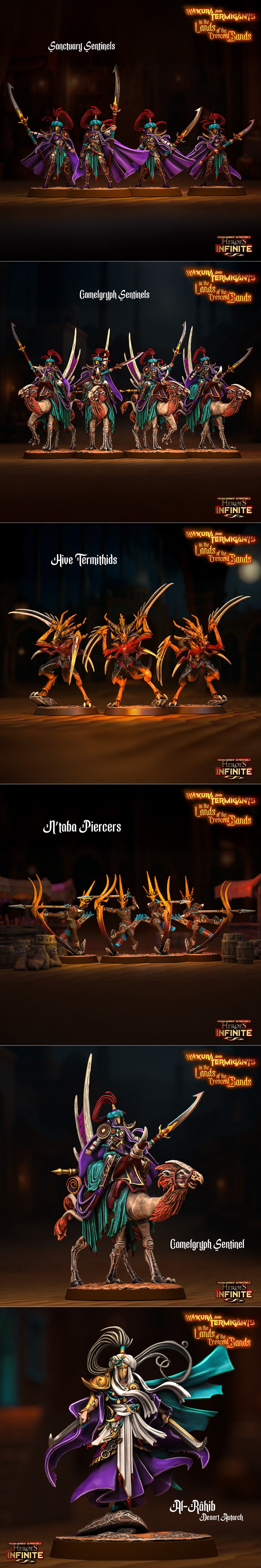 Collage of fantasy 3D printable figures including regal warriors in desert attire and insectoid creatures, with the t...