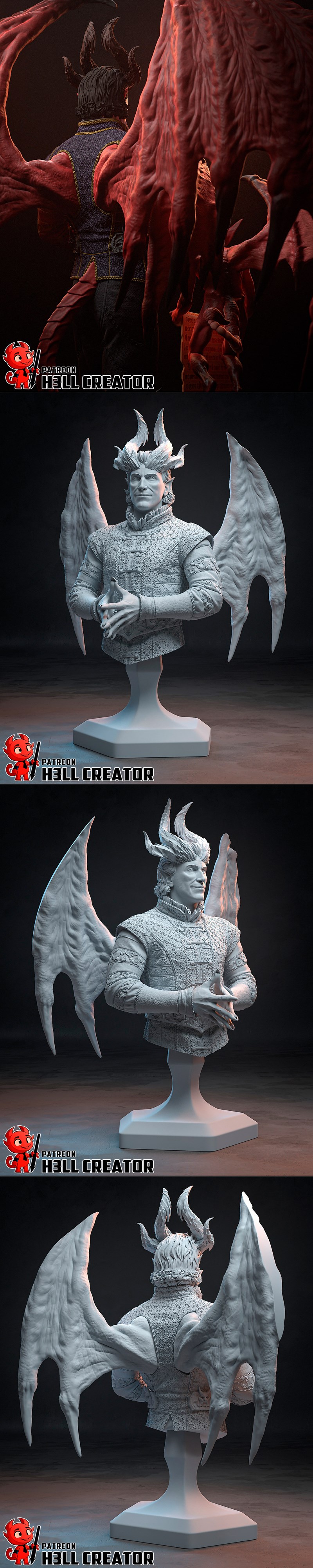 3D model of Raphael, a devil with red skin, large red wings, and dark horns, wearing an ornate purple and red doublet...