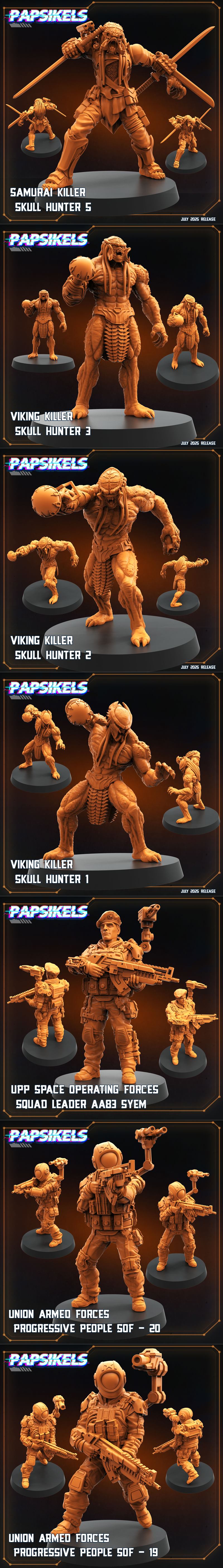 Collection of 3D printable miniatures featuring alien xenomorphs and human soldiers in sci-fi armor, with "Alien...