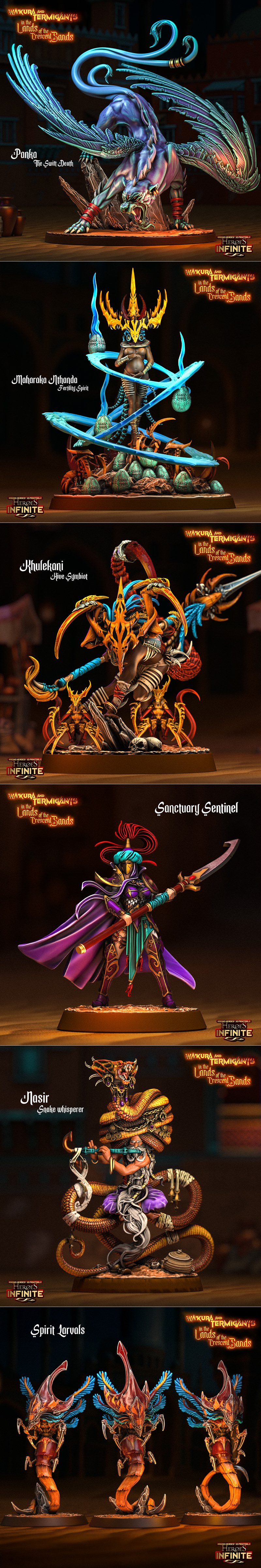 Collage of fantasy 3D printable figures including regal warriors in desert attire and insectoid creatures, with the t...