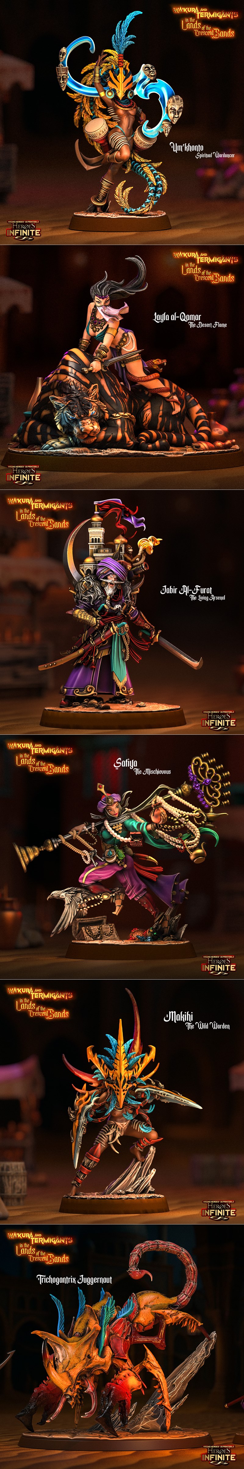 Collage of fantasy 3D printable figures including regal warriors in desert attire and insectoid creatures, with the t...