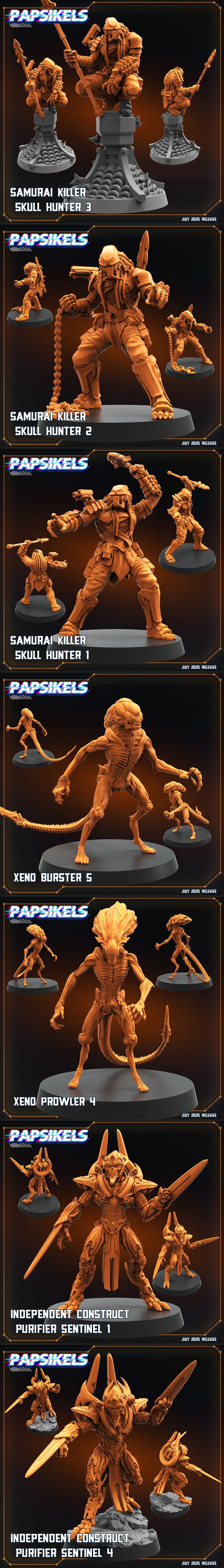 Collection of 3D printable miniatures featuring alien xenomorphs and human soldiers in sci-fi armor, with "Alien...