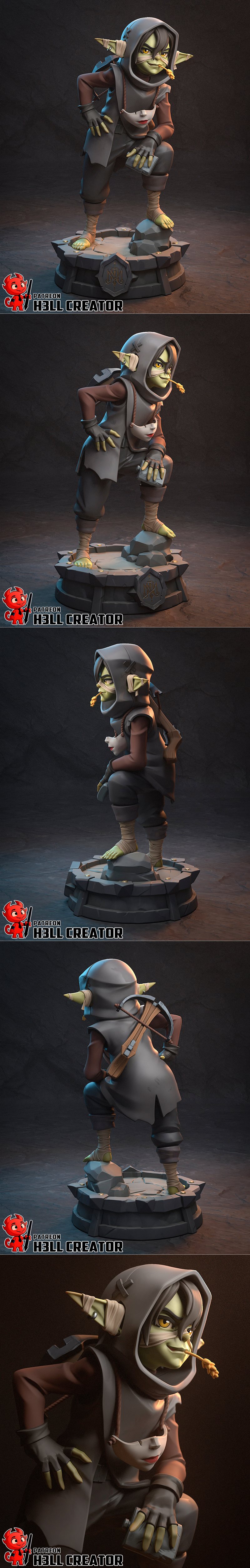 3D model of Nott from Critical Role, a green-skinned goblin with pointed ears, wearing a hooded cloak and a mask, cro...