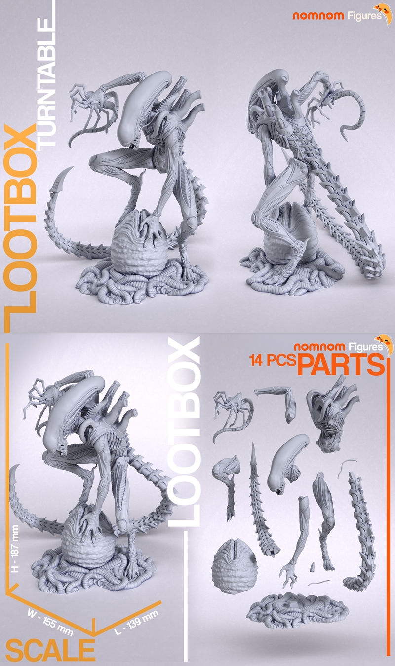 Xenomorph figure from Alien franchise by Nomnom Figures, crouching on an egg with a Facehugger in hand. Detailed biom...