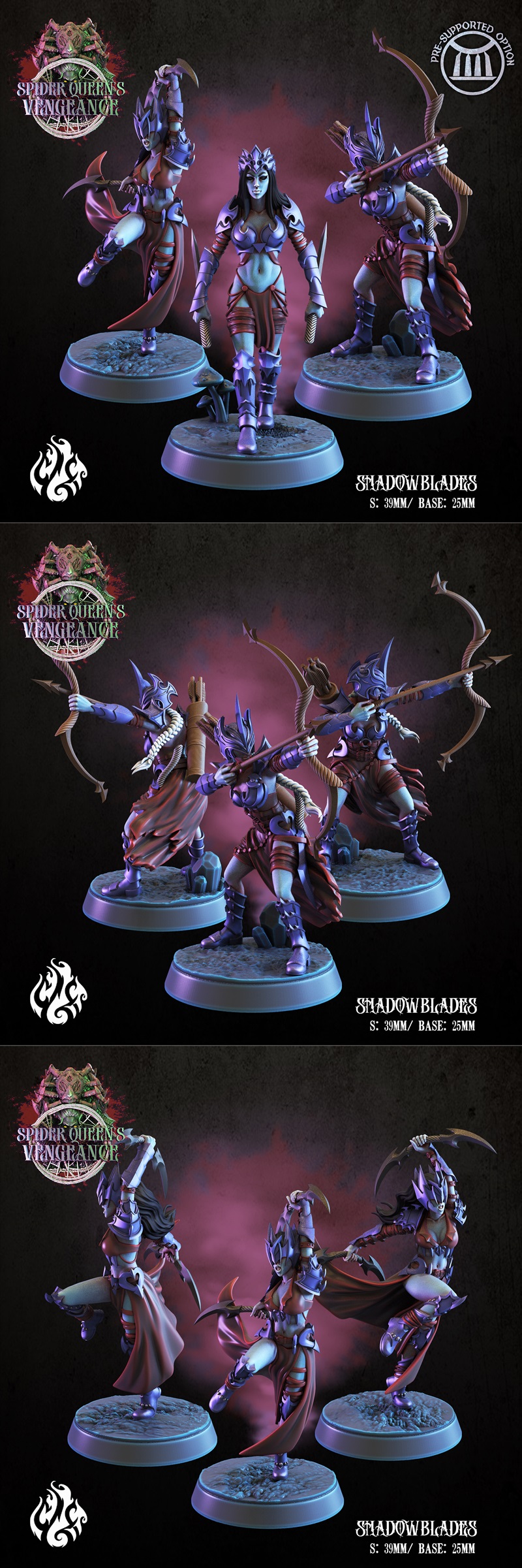 Three Dark Elf Shadow Blades figures from Crippled God Foundry, each holding two daggers and wearing purple armor wit...