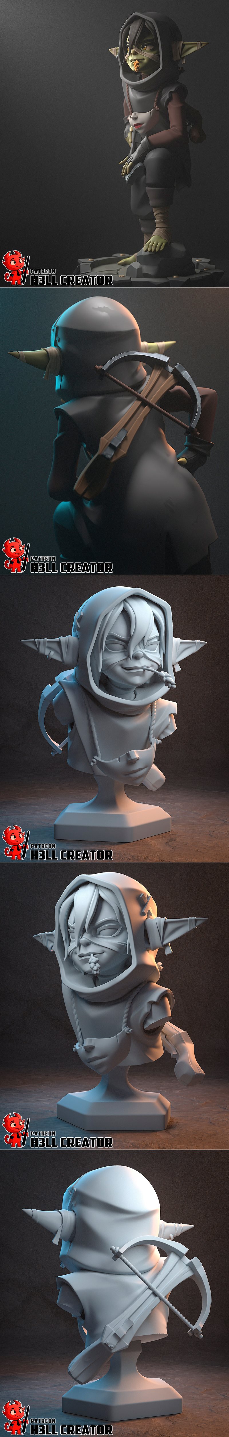 3D model of Nott from Critical Role, a green-skinned goblin with pointed ears, wearing a hooded cloak and a mask, cro...