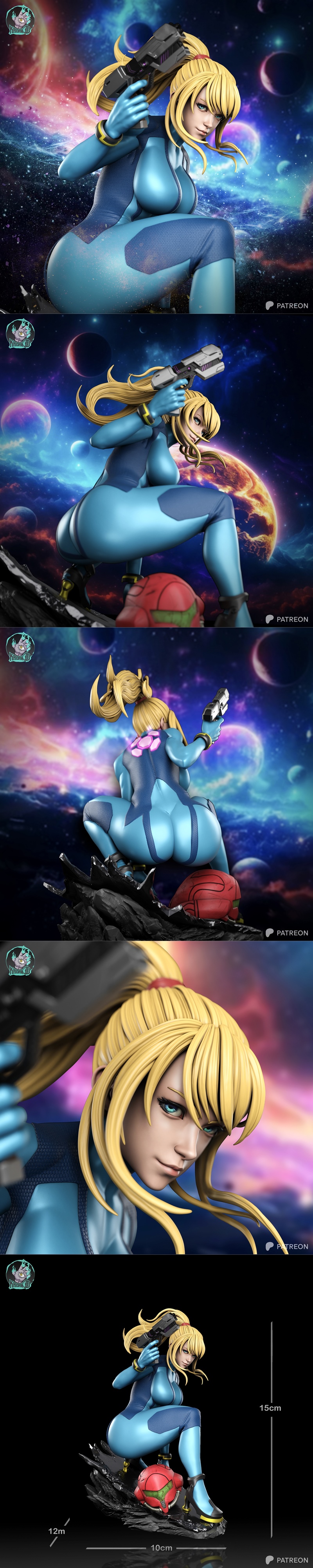 Samus Aran in Zero Suit crouching with a blaster pistol, detailed blue suit with yellow accents, sci-fi background wi...