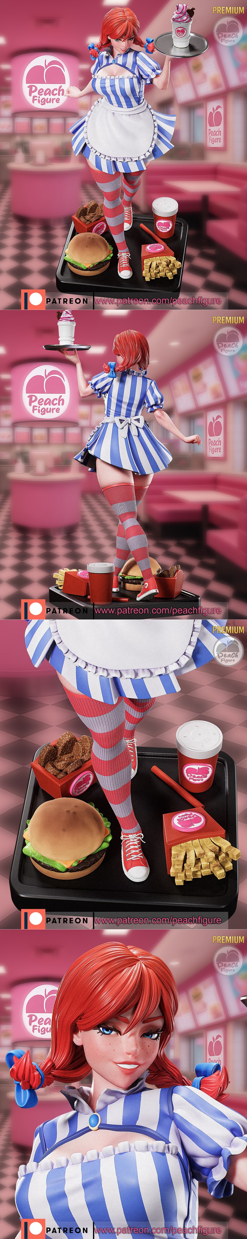 Anime-style Wendy's mascot figure in a waitress uniform, holding a milkshake and standing in a diner with a burger an...