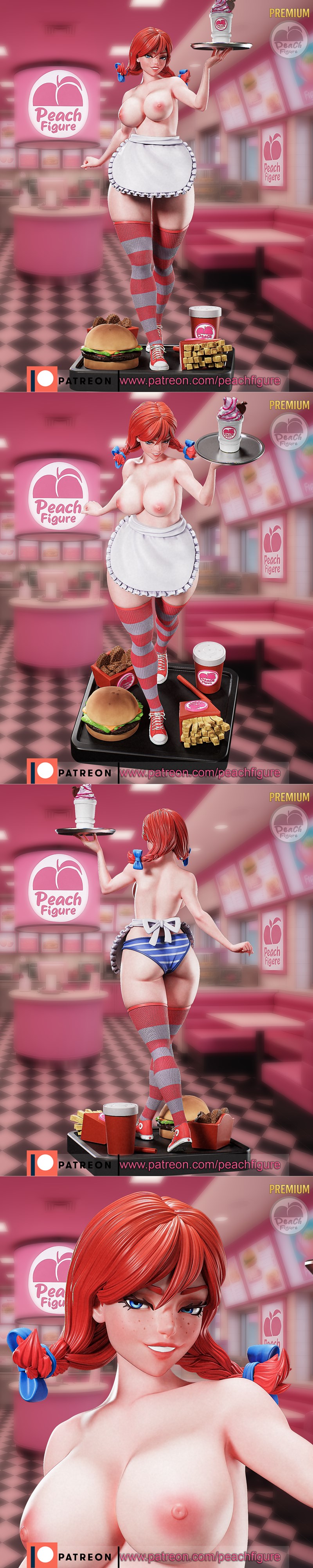 Anime-style Wendy's mascot figure in a waitress uniform, holding a milkshake and standing in a diner with a burger an...