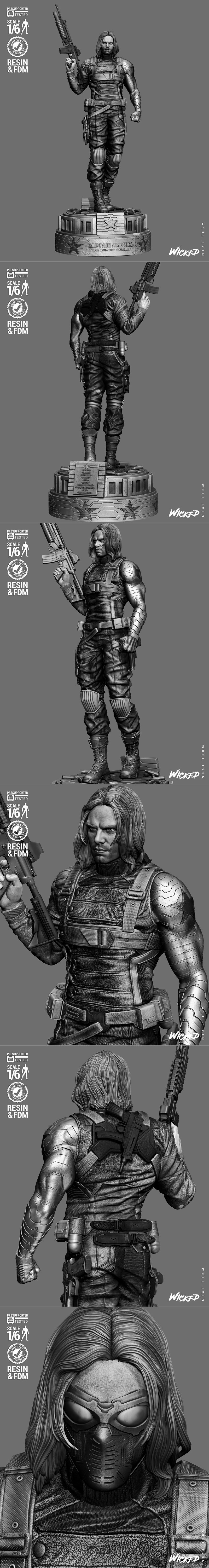 Winter Soldier sculpture holding a rifle, wearing a tactical suit and metal arm, standing on a base with "Captai...