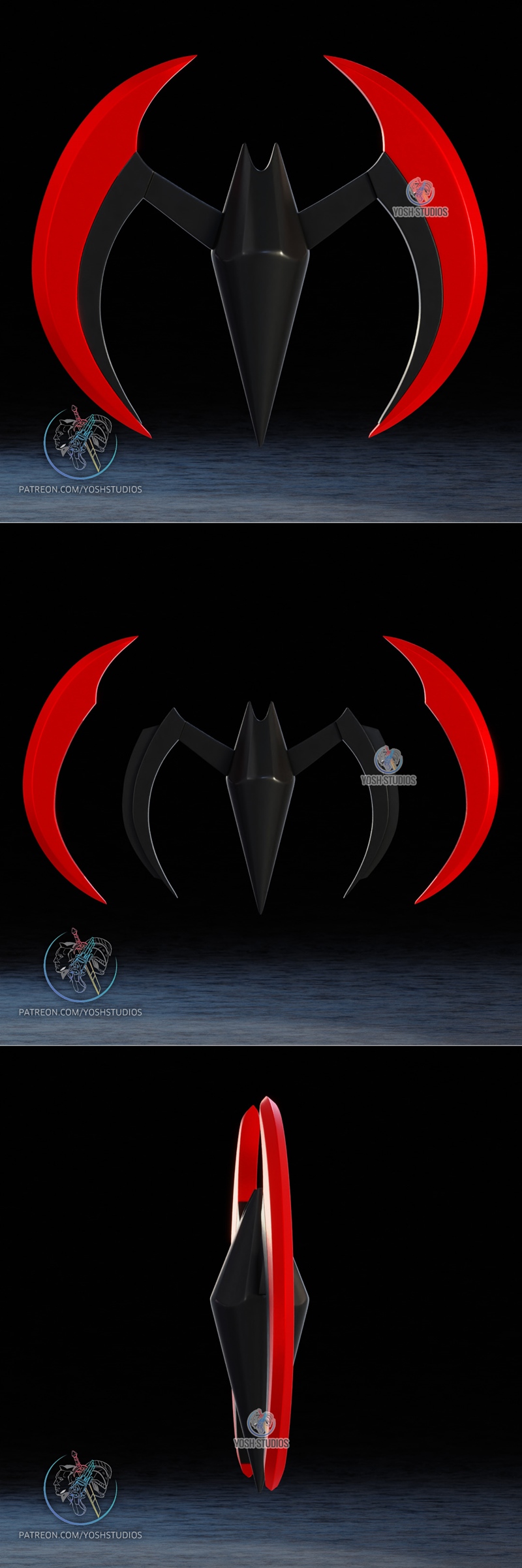 Batman Beyond Batarang 3D model prop, featuring red crescent blades and a black central spike, with 'Yosh Studios' wa...