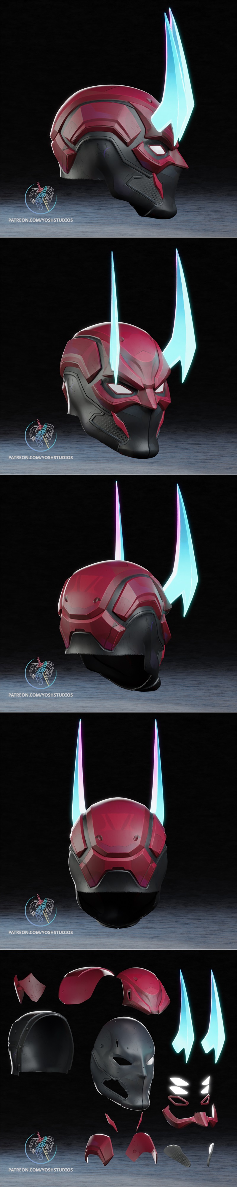 Red and black futuristic helmet with glowing blue horns and white eye slits, inspired by Daredevil 2099.