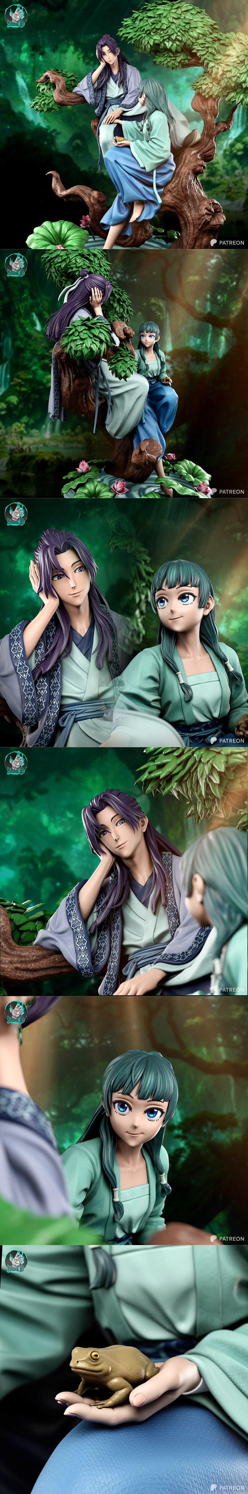 Jinshi and Maomao from Kusuriya no Hitorigoto anime sitting on a tree branch, Jinshi leans on his hand, Maomao holds...