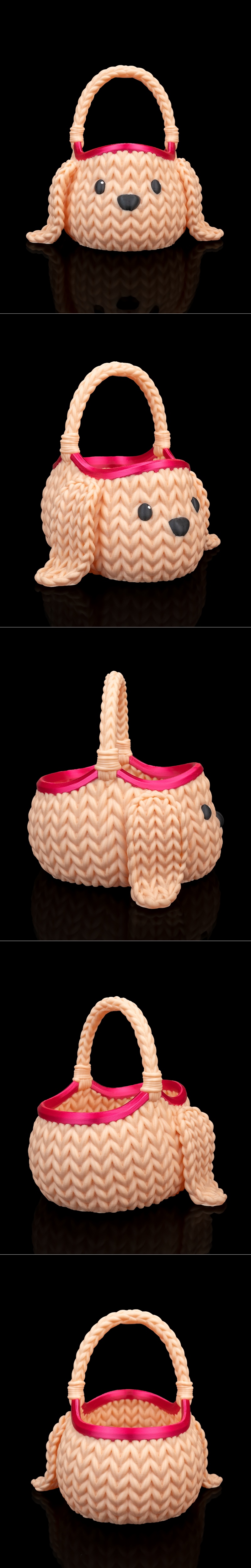 3D printable basket designed as a cute, knitted dog with a braided handle and pink rim accent.