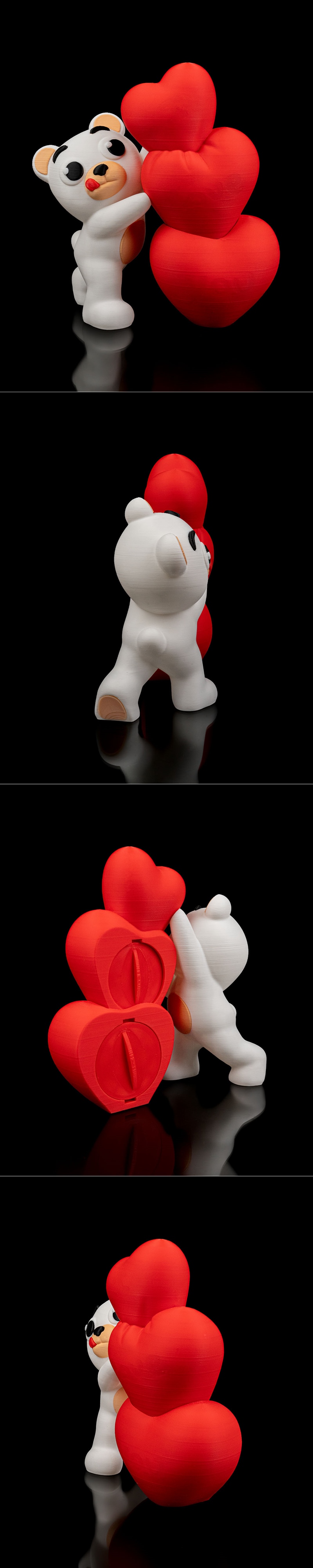 White bear figure embracing three red hearts with "I love you" text glowing inside, on a black background.