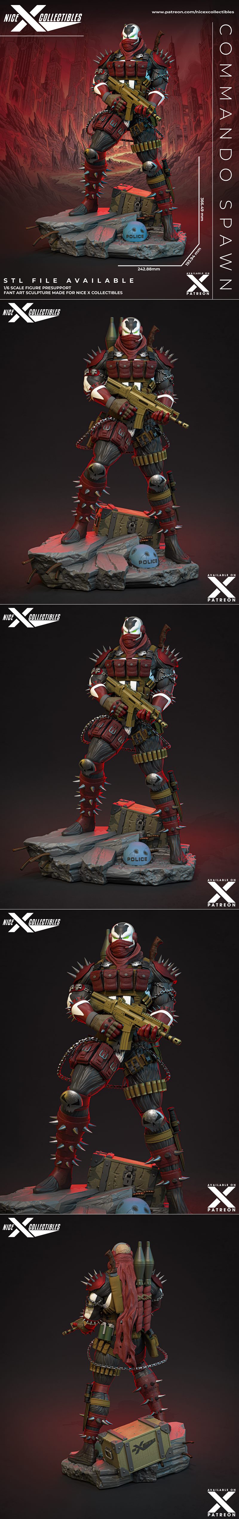 Commando Spawn figure in tactical armor holding an assault rifle, standing on a rocky base with a chest and police he...
