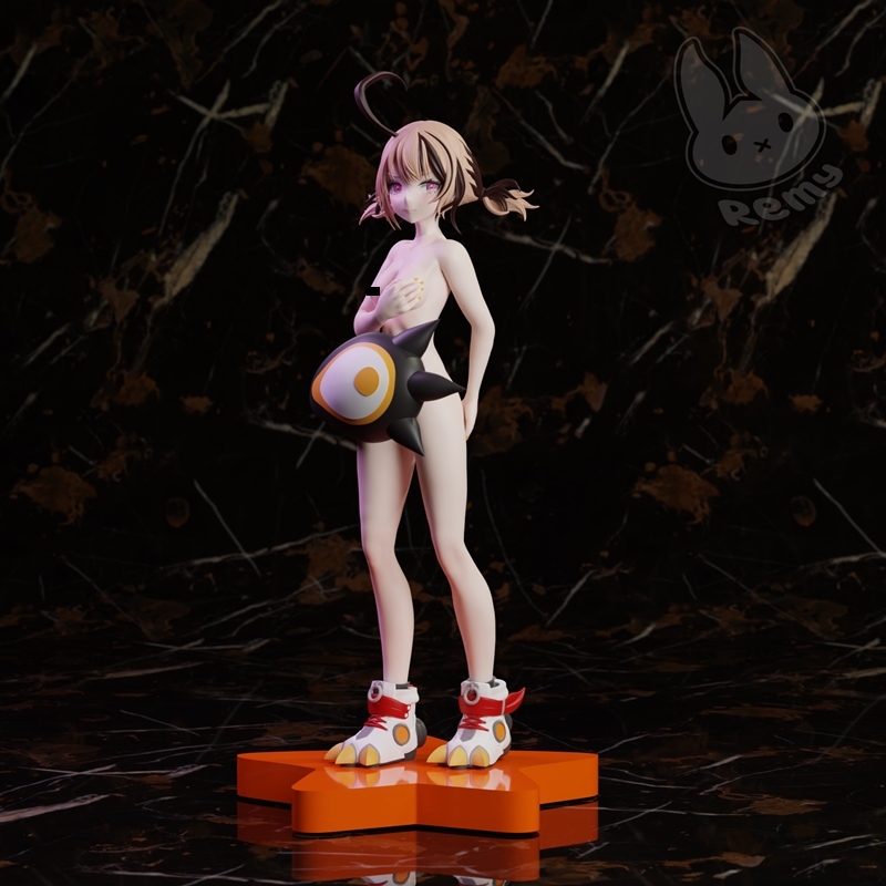 Stylized anime-inspired female figure, Gigi, nude with hands covering chest, holding a black and yellow creature, wea...