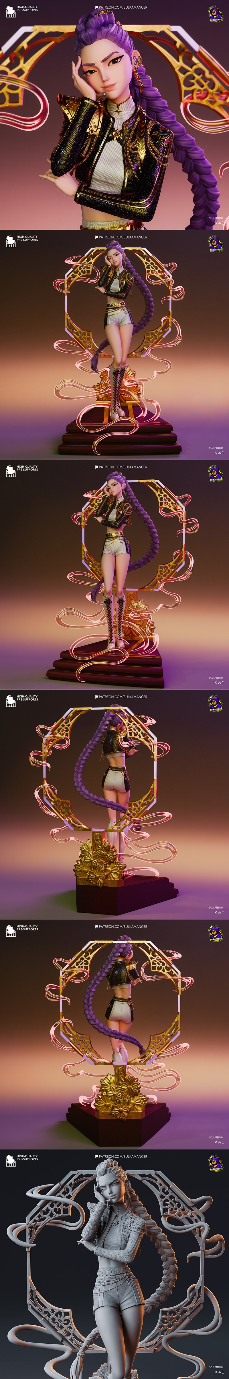 Bulkamancer Sculpts 3D model of Rumi, a character with purple braided hair, wearing a black sequined jacket and white...