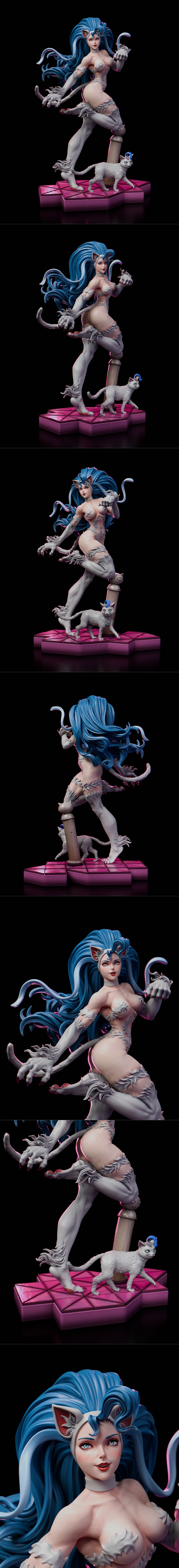 3D model of Felicia from Capcom, a catgirl with blue hair and claws, in a dynamic pose with a white cat companion on...