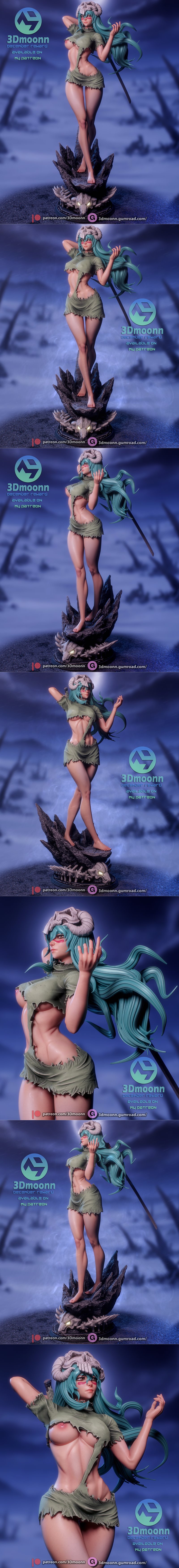3D model of Nelliel from Bleach, wearing a tattered green dress and skull helmet with horns. Teal hair, red face mark...