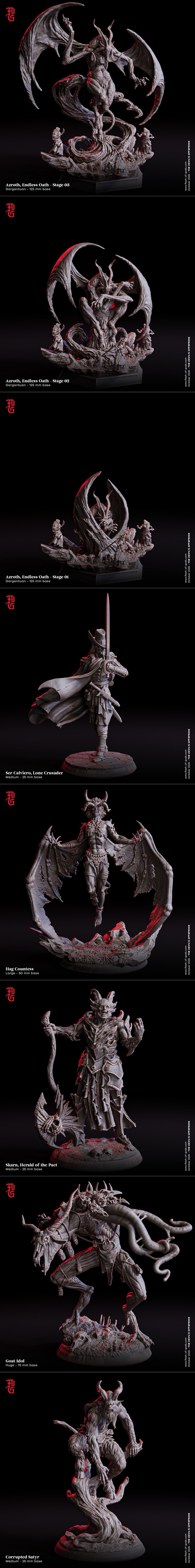 Collection of five demonic 3D printable figures: a regal figure with ornate armor, two gaunt and grinning creatures,...