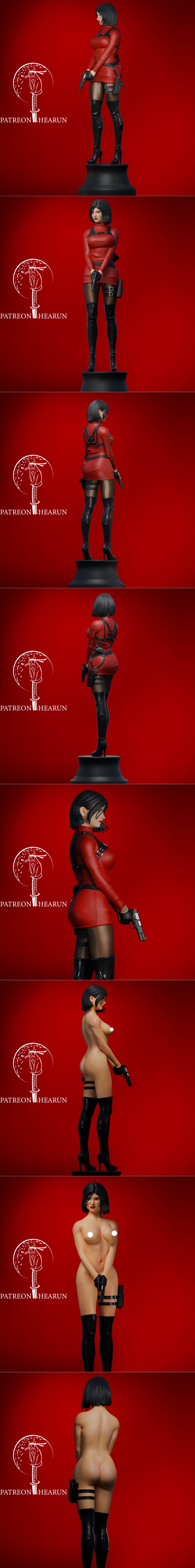 Ada Wong 3D model in a red dress, black thigh-high boots, and gloves, holding a handgun. Designed by Hearun.