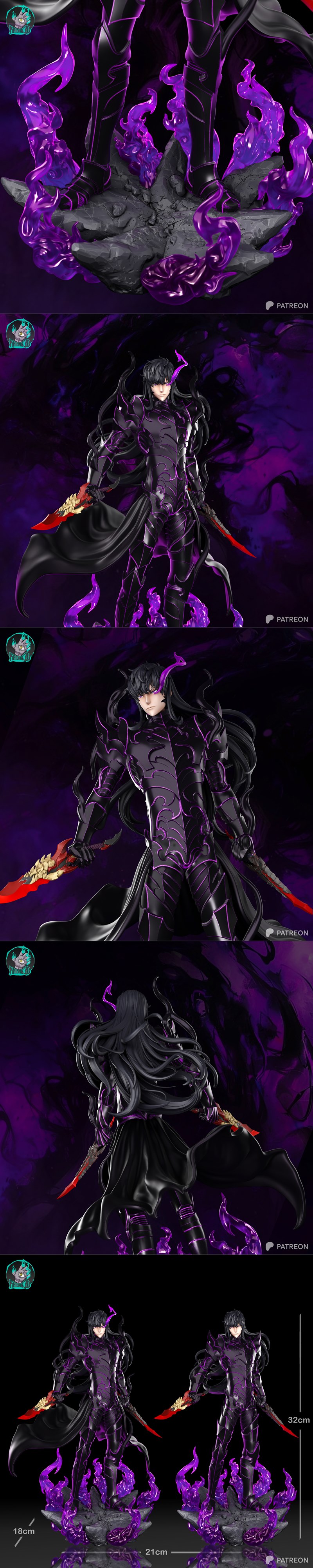 Sung Jinwoo from Solo Leveling in dark, ornate armor with purple energy effects, rendered as a 3D model by Kaidan.