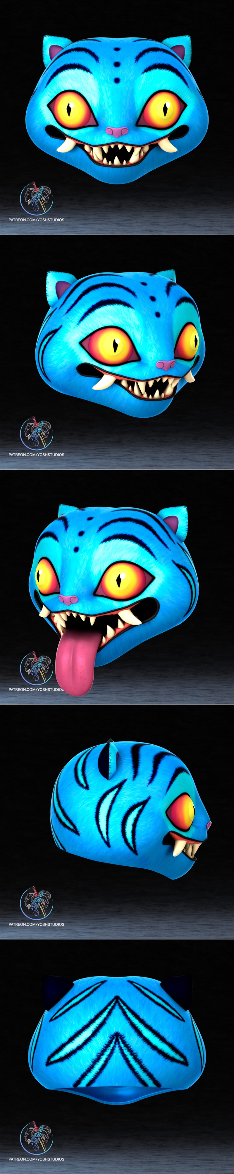 Blue cartoon tiger mask with yellow eyes, fangs, and a pink tongue sticking out, designed by Yoshstudios.