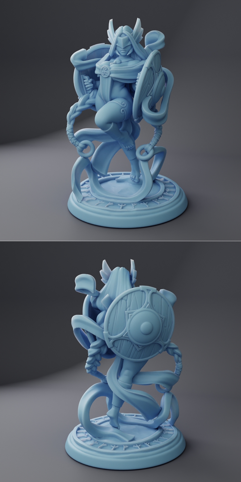 Vanir Valkyrie 3D model figure, front and side views. Blonde female warrior with winged helmet, green sash, and woode...