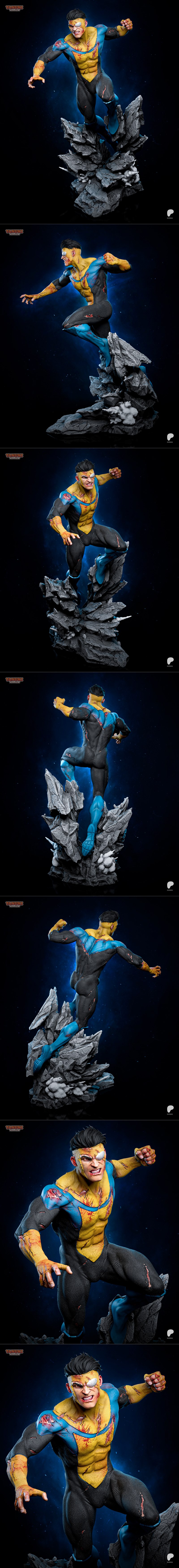 Mark Grayson, also known as Invincible, in a dynamic pose atop jagged rocks. He wears a damaged blue and yellow suit...