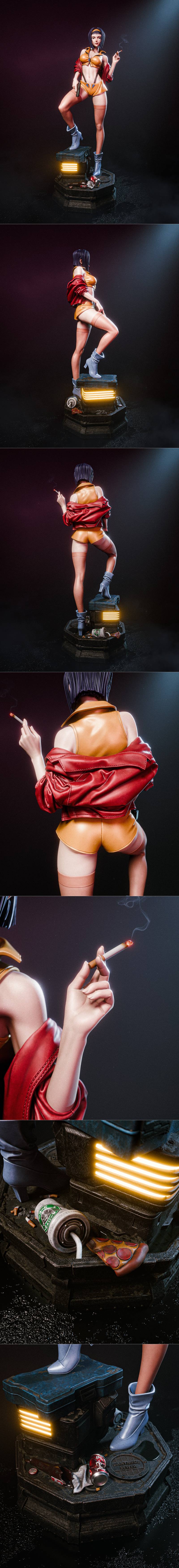 Faye Valentine 3D model from Cowboy Bebop, wearing a yellow crop top and shorts, red jacket, and thigh-high stockings...