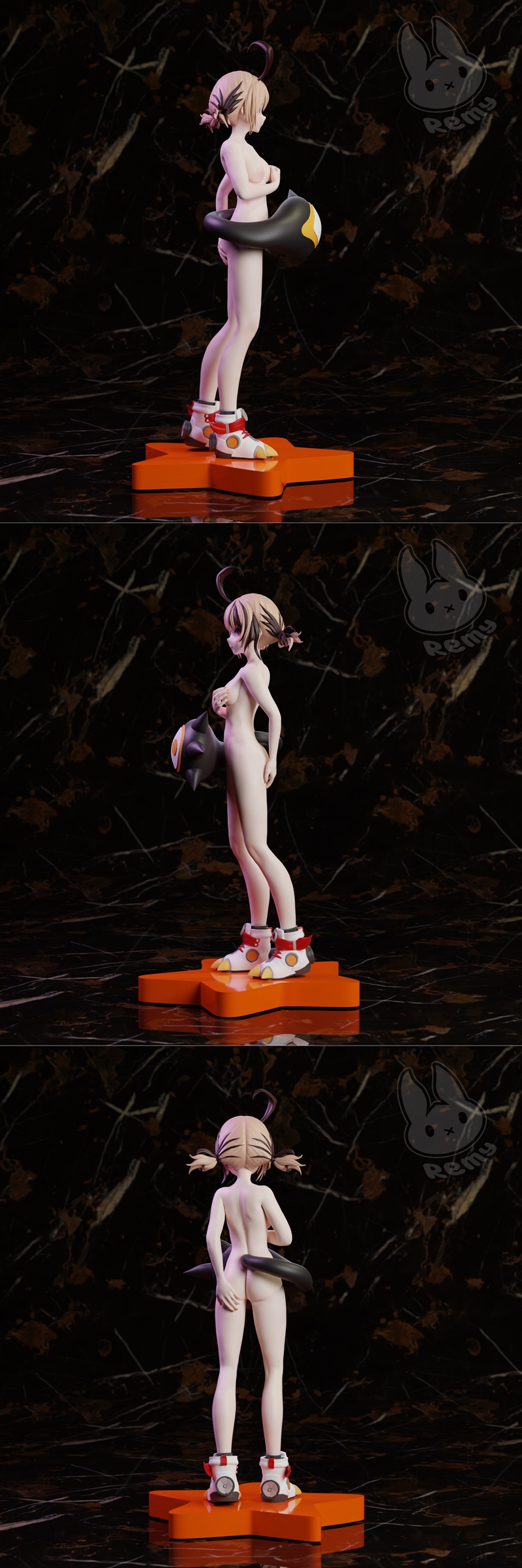 Stylized anime-inspired female figure, Gigi, nude with hands covering chest, holding a black and yellow creature, wea...