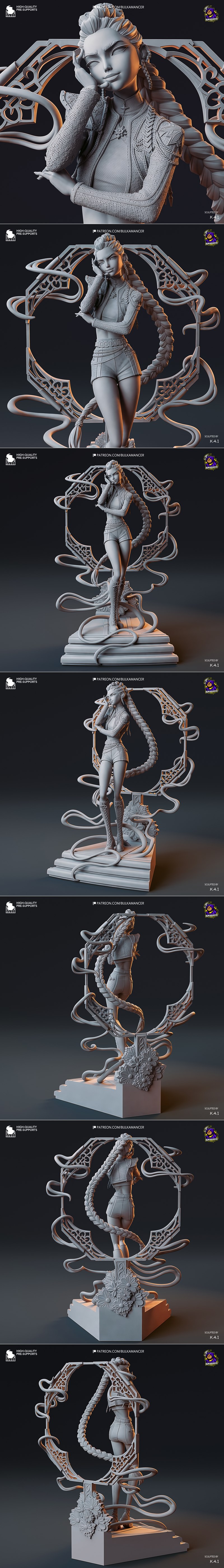 Bulkamancer Sculpts 3D model of Rumi, a character with purple braided hair, wearing a black sequined jacket and white...