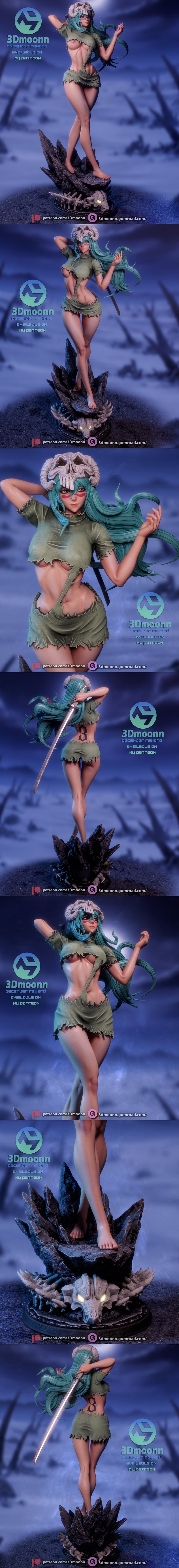 3D model of Nelliel from Bleach, wearing a tattered green dress and skull helmet with horns. Teal hair, red face mark...