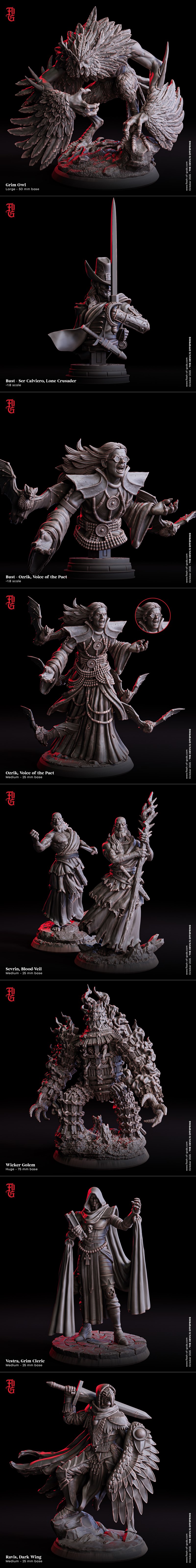 Collection of five demonic 3D printable figures: a regal figure with ornate armor, two gaunt and grinning creatures,...