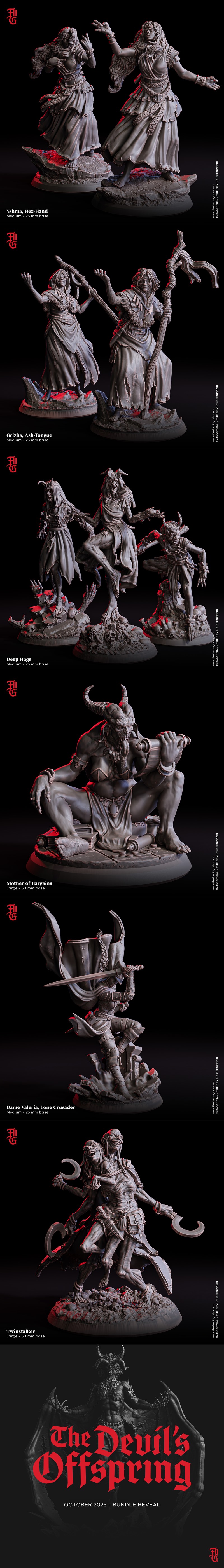 Collection of five demonic 3D printable figures: a regal figure with ornate armor, two gaunt and grinning creatures,...