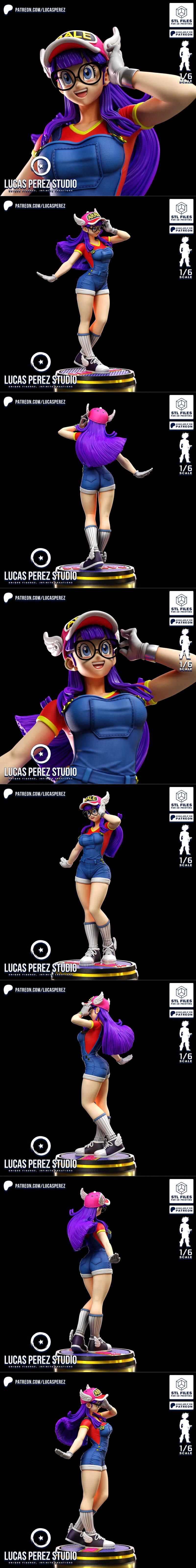 1:6 scale 3D print model of adult Arale Norimaki from Dragon Ball, wearing glasses, a hat, and blue overalls, with pu...
