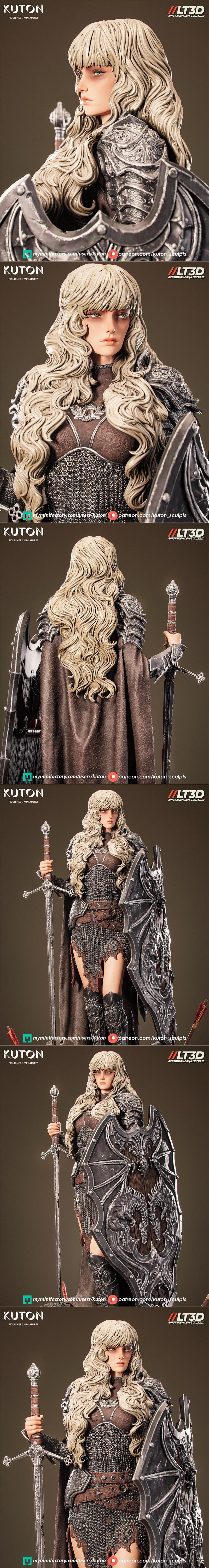 Female warrior Ardyn in chainmail armor, holding a sword and dragon-emblazoned shield, standing on a rocky base with...