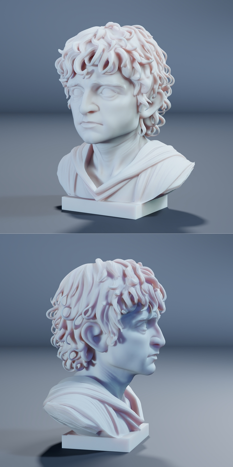 Bust of Frodo Baggins with curly hair and a hooded cloak, rendered in a white, marble-like material.
