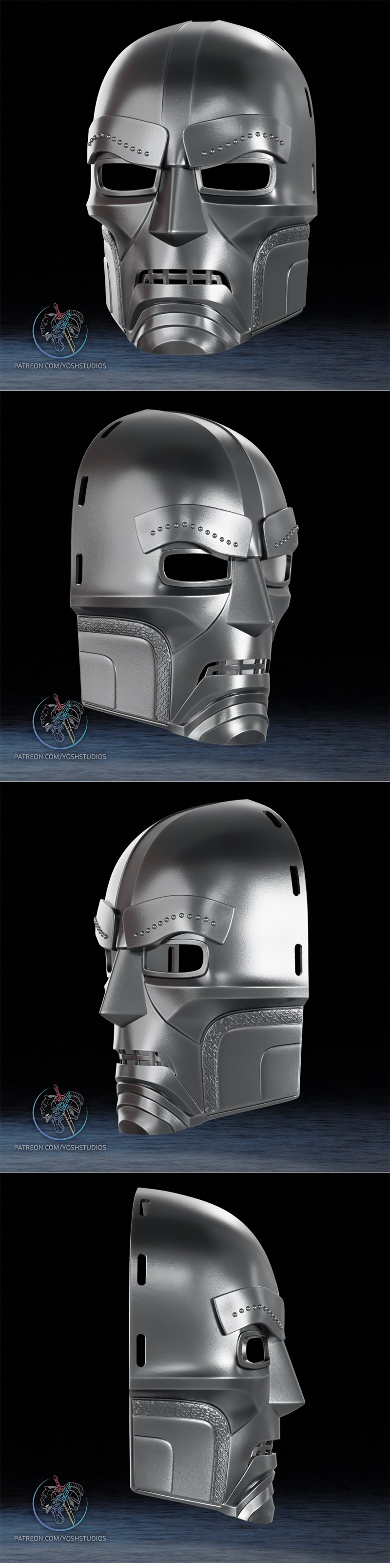 Metallic silver 3D model of Doctor Doom's mask, featuring detailed eye slits, nose, and segmented mouth, with texture...